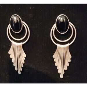Vintage 80s Onyx Sterling Dangle Earrings Boho Chic